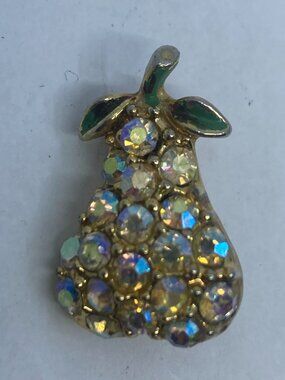Vtg aurora borealis green enamel rhinestone crystal pear fruit brooch
